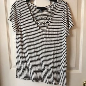 black and white striped t shirt with cross neck